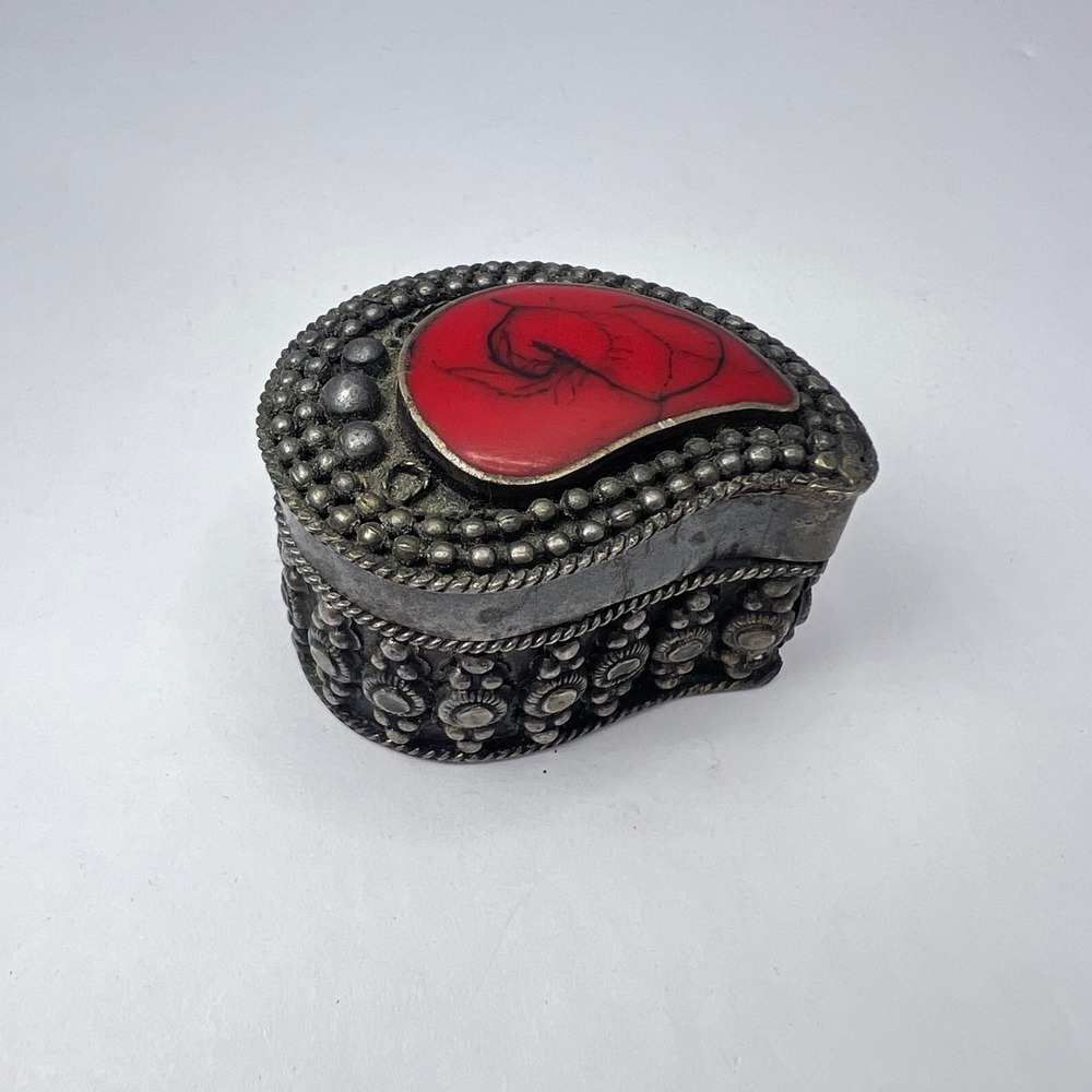 Vintage Tibetan Trinket Box 2" Carnelian Inlay Silver Paisley Velvet Ornate